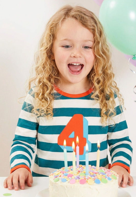 Organic Four Applique Teal Stripe Long-Sleeved T-Shirt - Toby Tiger UK