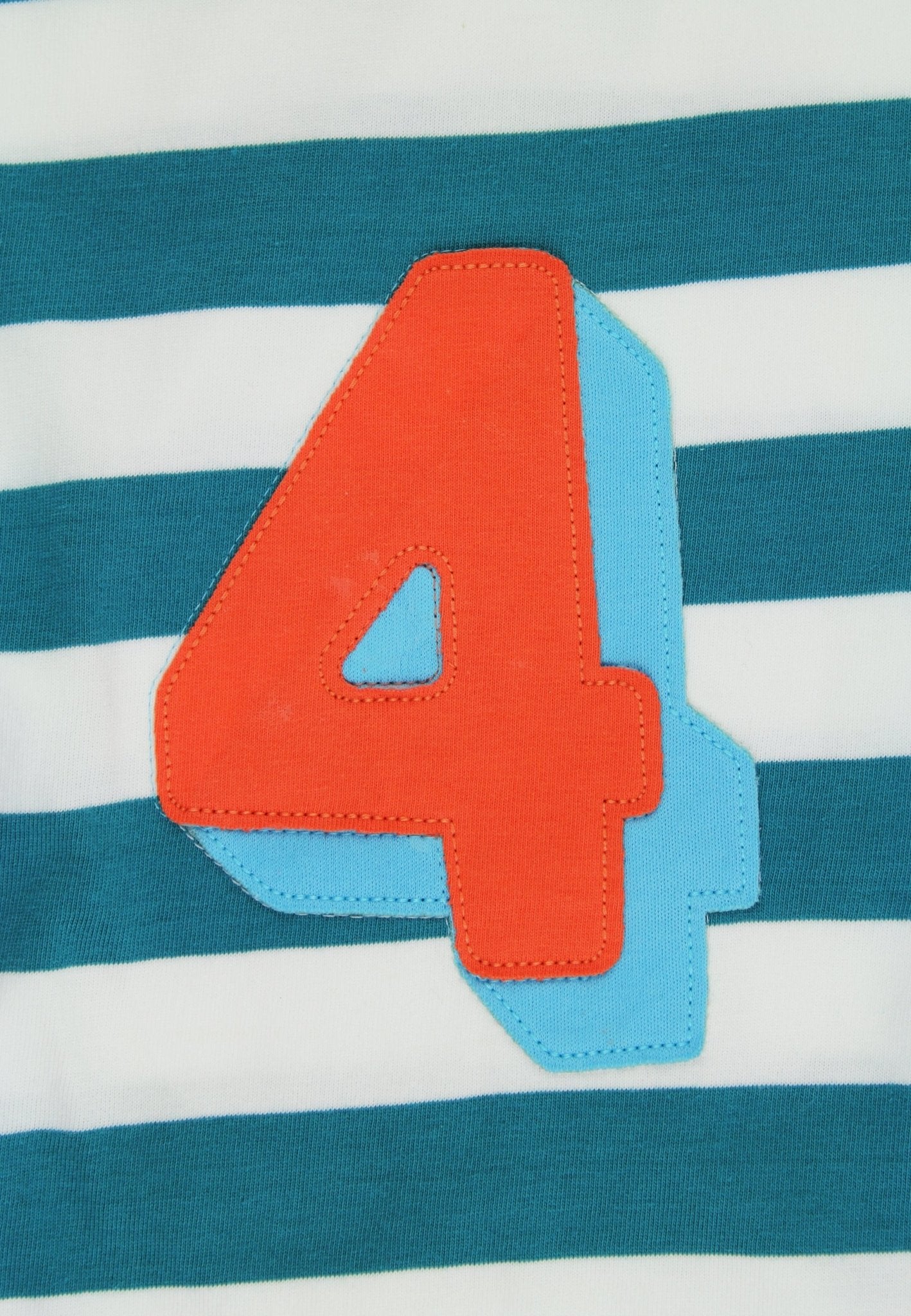 Organic Four Applique Teal Stripe Long - Sleeved T-Shirt - Toby Tiger