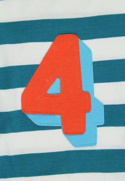 Organic Four Applique Teal Stripe Long - Sleeved T-Shirt - Toby Tiger
