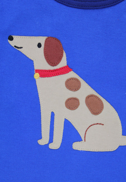 Dog illustration with a red collar on a blue background