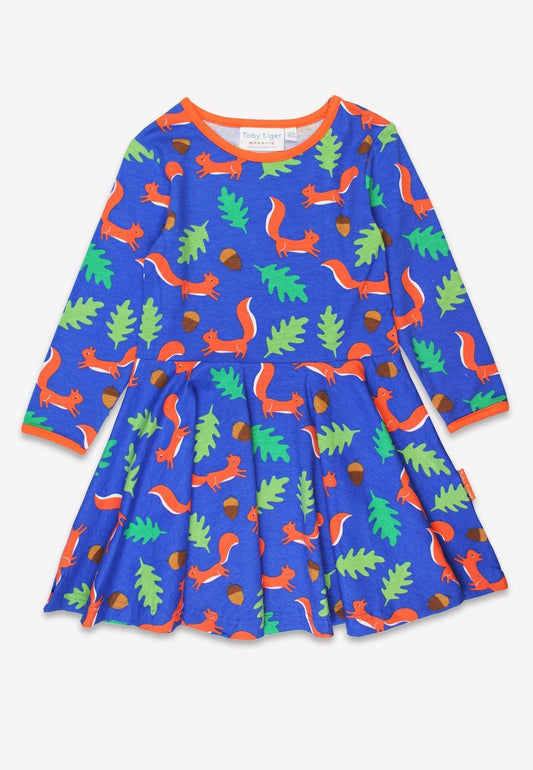 Organic Squirrel Print Long - Sleeved Skater Dress - Toby Tiger