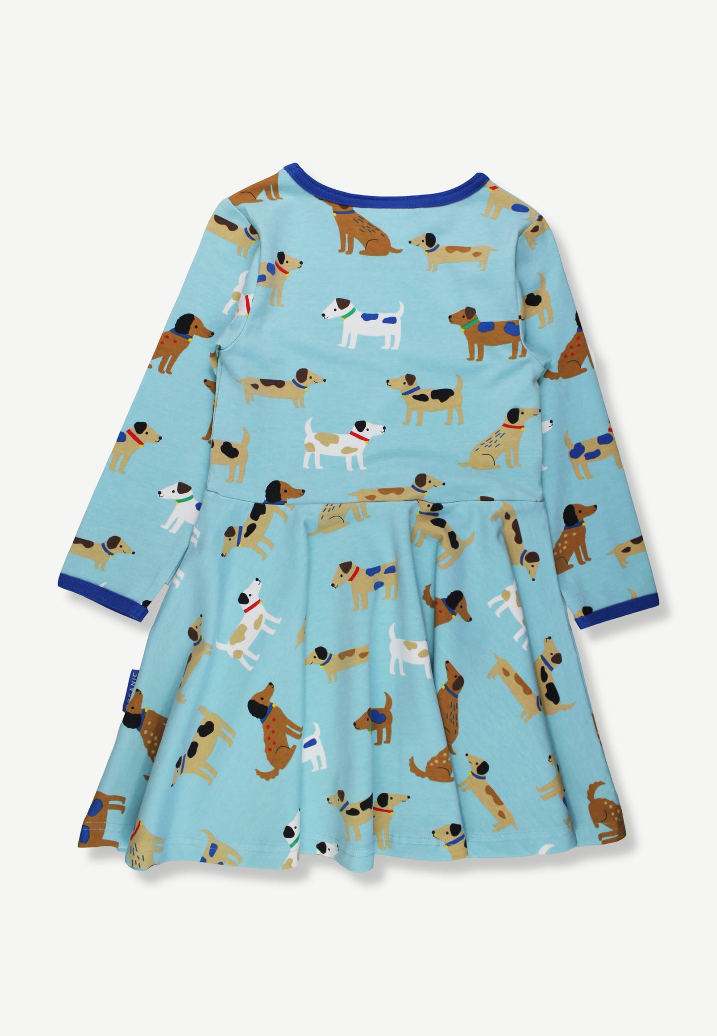 A light blue long-sleeve dress for toddlers, featuring an all-over print of cartoon dogs in various breeds and colors, with dark blue trim on the collar and cuffs.