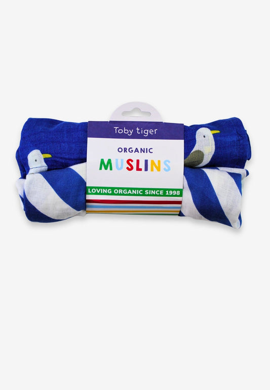 Organic Seagull Harbour Print 2 Pack Muslins - Toby Tiger