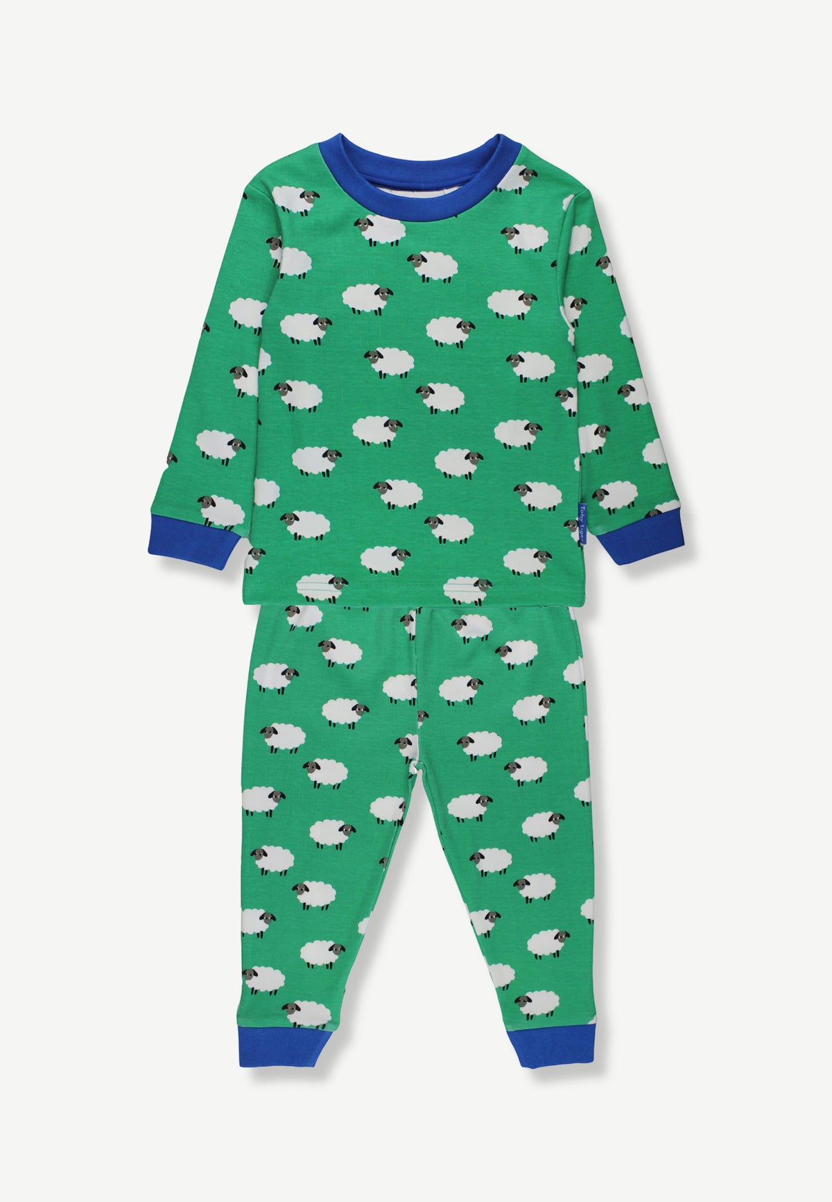 A two-piece children's pajama set featuring a green long-sleeve top and matching pants with a repeating sheep print, finished with contrasting blue ribbed collar, cuffs, and hems.