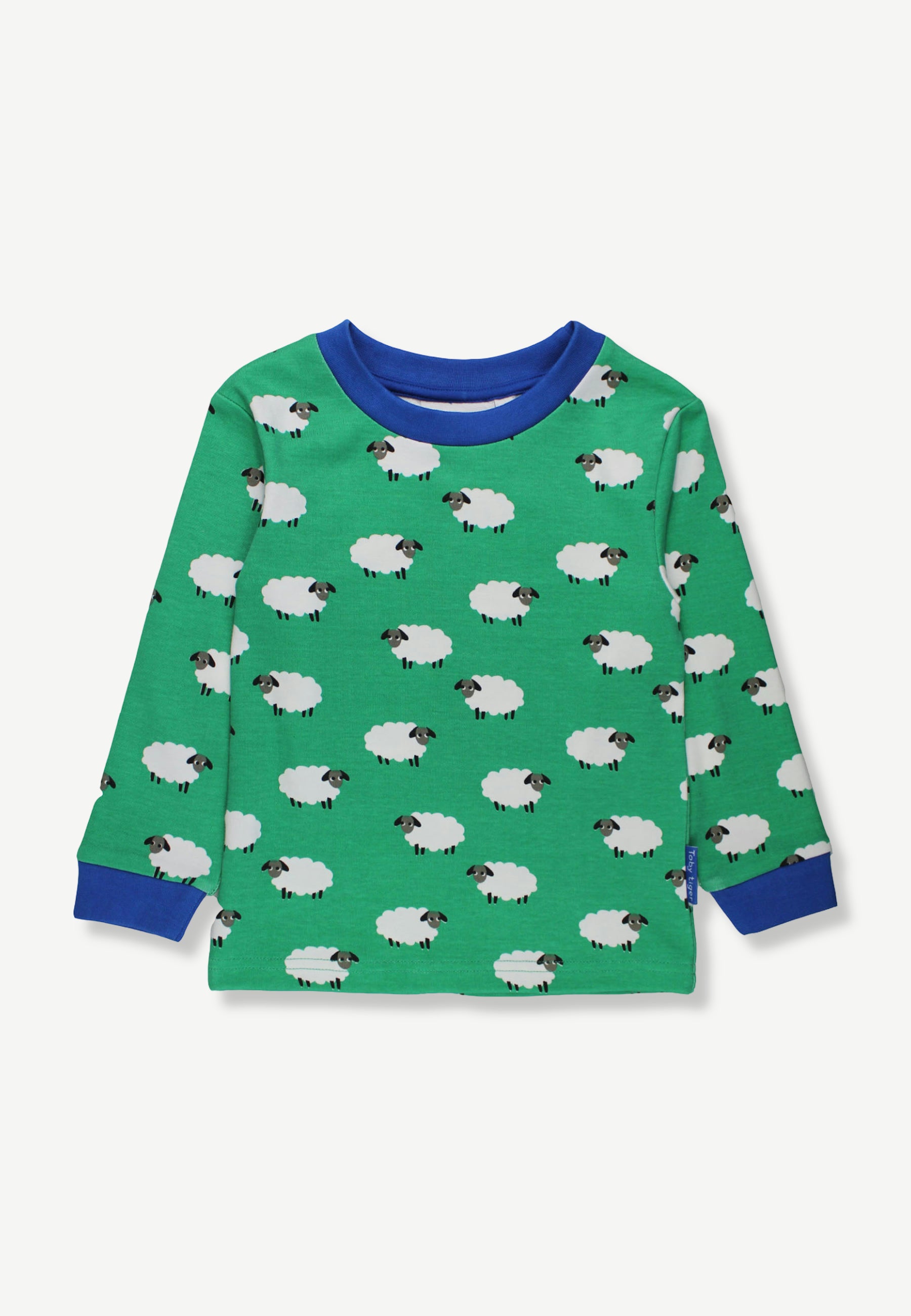 A green long-sleeve children's top with an all-over sheep print, featuring blue ribbed collar, cuffs, and hem, displayed on a light gray background.