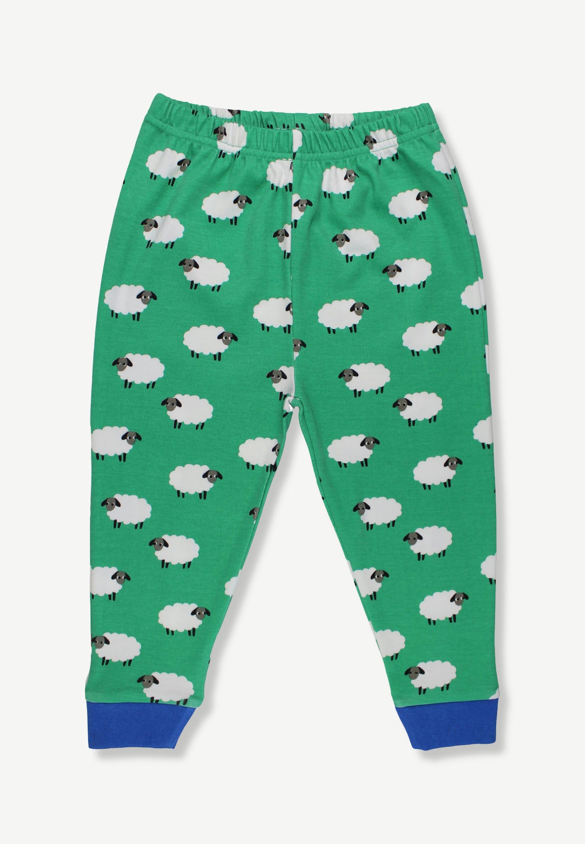 Green children's jogger pants with an all-over sheep print and blue cuffed hems, shown flat against a light gray background.