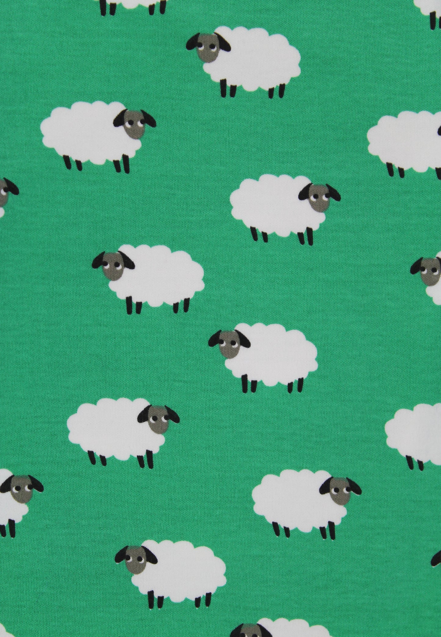 A repeating pattern of cartoon sheep on a bright green background. Each sheep has a white body, a dark gray head, and small black legs.