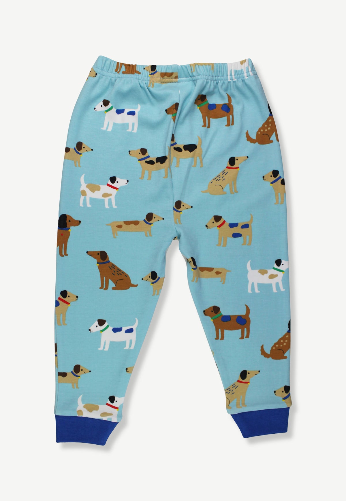 Light blue jogger pants with an all-over dog print and solid blue ribbed cuffs, shown flat against a light gray background.