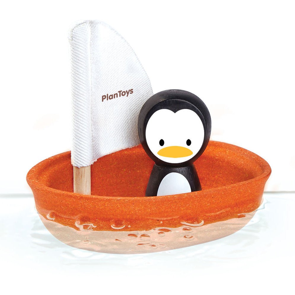 PlanToys Wooden Sailing Boat Penguin Bath Toy - Toby Tiger