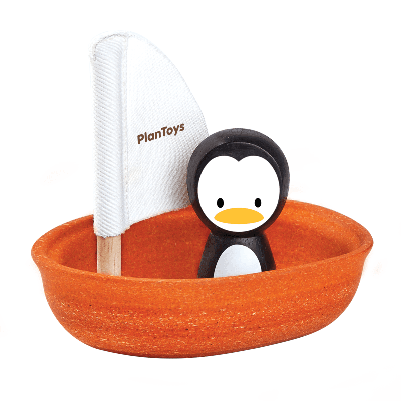 PlanToys Wooden Sailing Boat Penguin Bath Toy - Toby Tiger