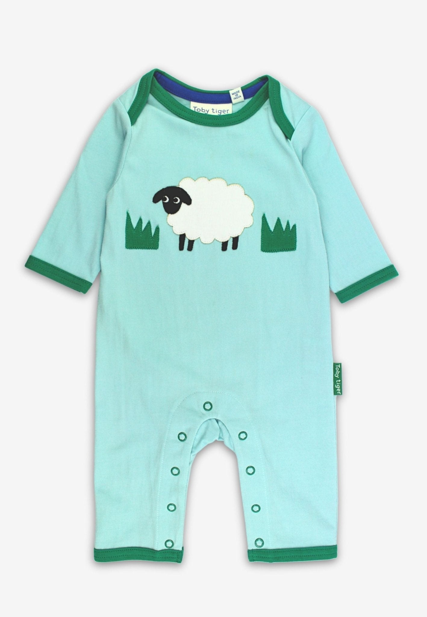 Organic Sheep Applique Blue Sleepsuit - Toby Tiger