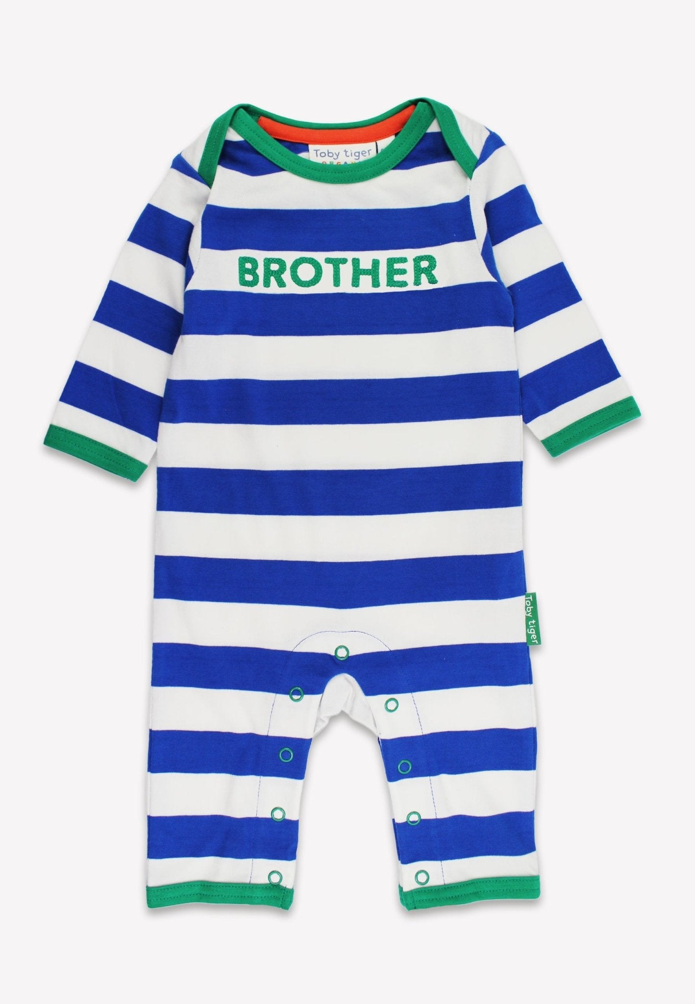 Organic Brother Applique Blue Stripe Sleepsuit - Toby Tiger