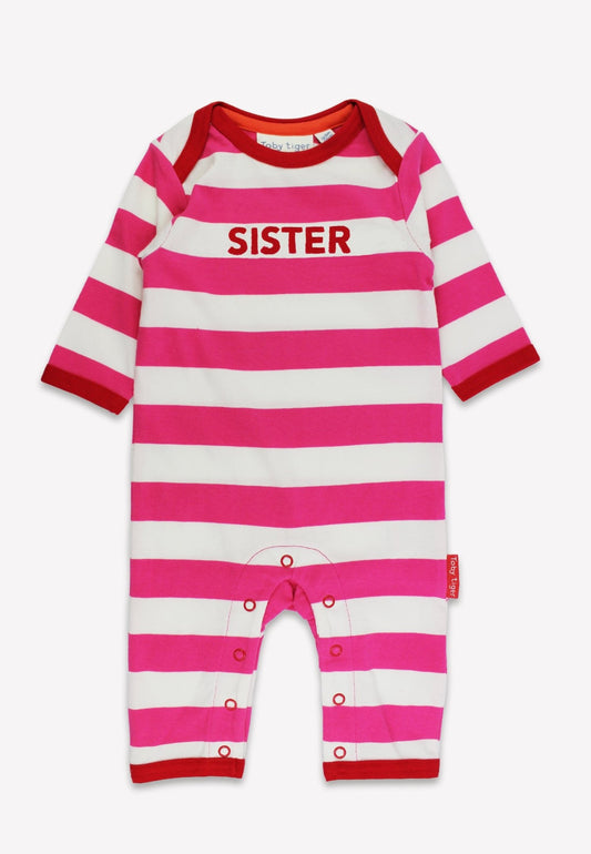 Organic Sister Applique Pink Stripe Sleepsuit - Toby Tiger