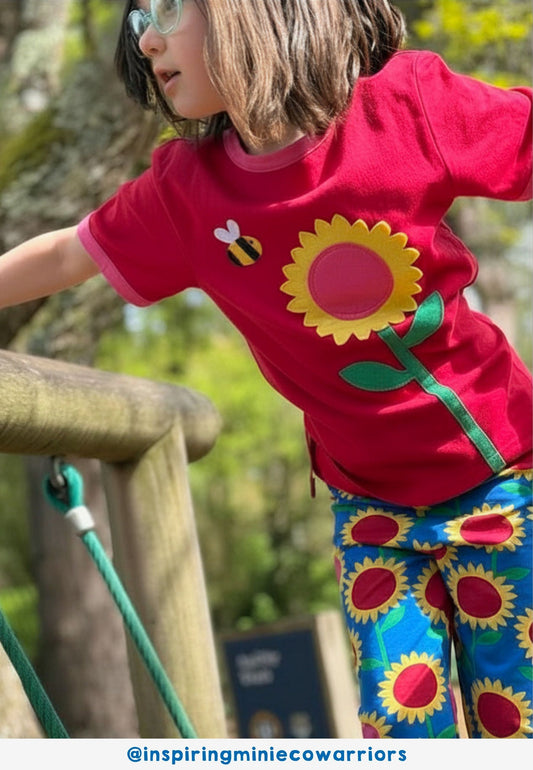 Organic Sunflower Bee Applique Short-Sleeved T-Shirt