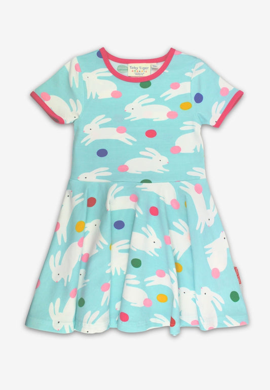 Organic Bunny Hop Print Short - Sleeved Skater Dress - Toby Tiger