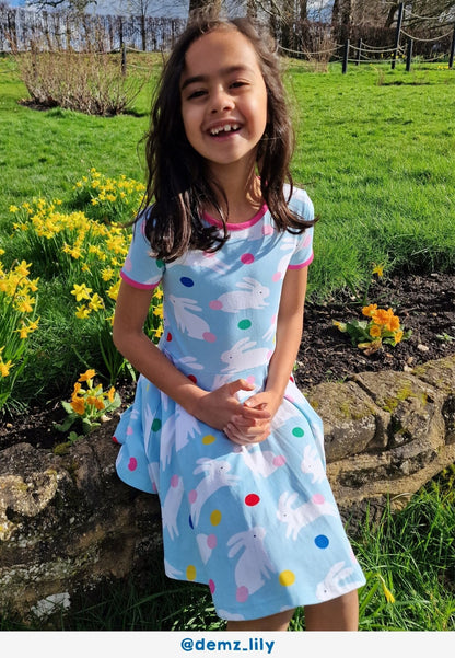 Organic Bunny Hop Print Short - Sleeved Skater Dress - Toby Tiger