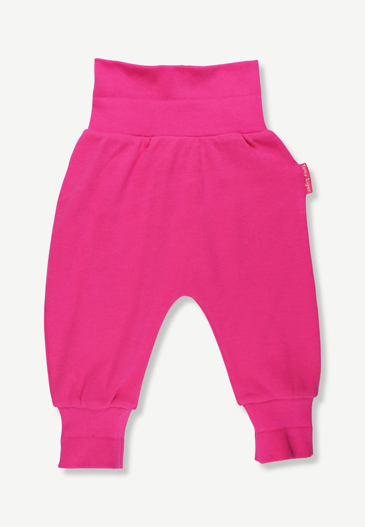 Bright pink toddler jogger pants with a wide elastic waistband and cuffed ankles, shown flat on a light gray background.