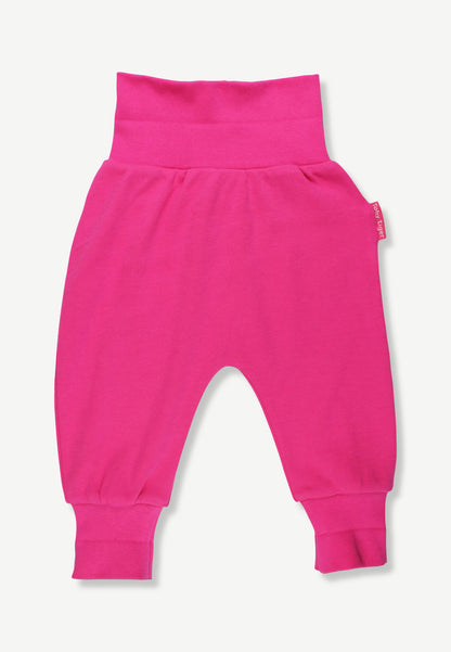Bright pink toddler jogger pants with a wide elastic waistband and cuffed ankles, shown flat on a light gray background.