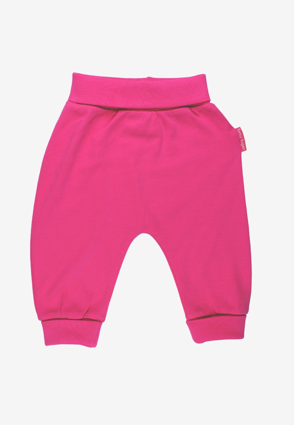 Bright pink baby jogger pants with an elastic waistband and ribbed ankle cuffs, shown flat on a light gray background.