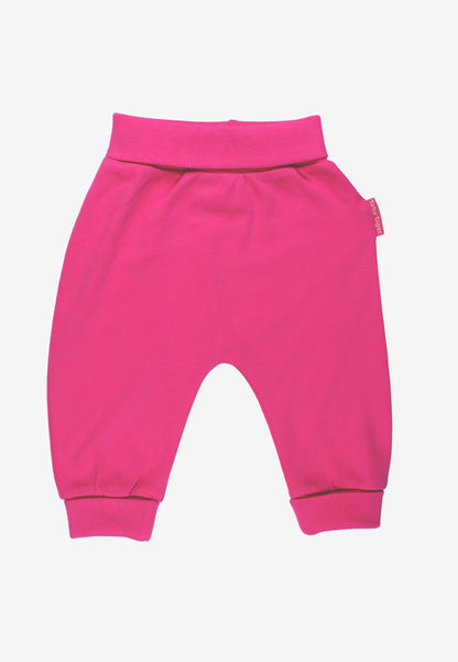 Bright pink baby jogger pants with an elastic waistband and ribbed ankle cuffs, shown flat on a light gray background.