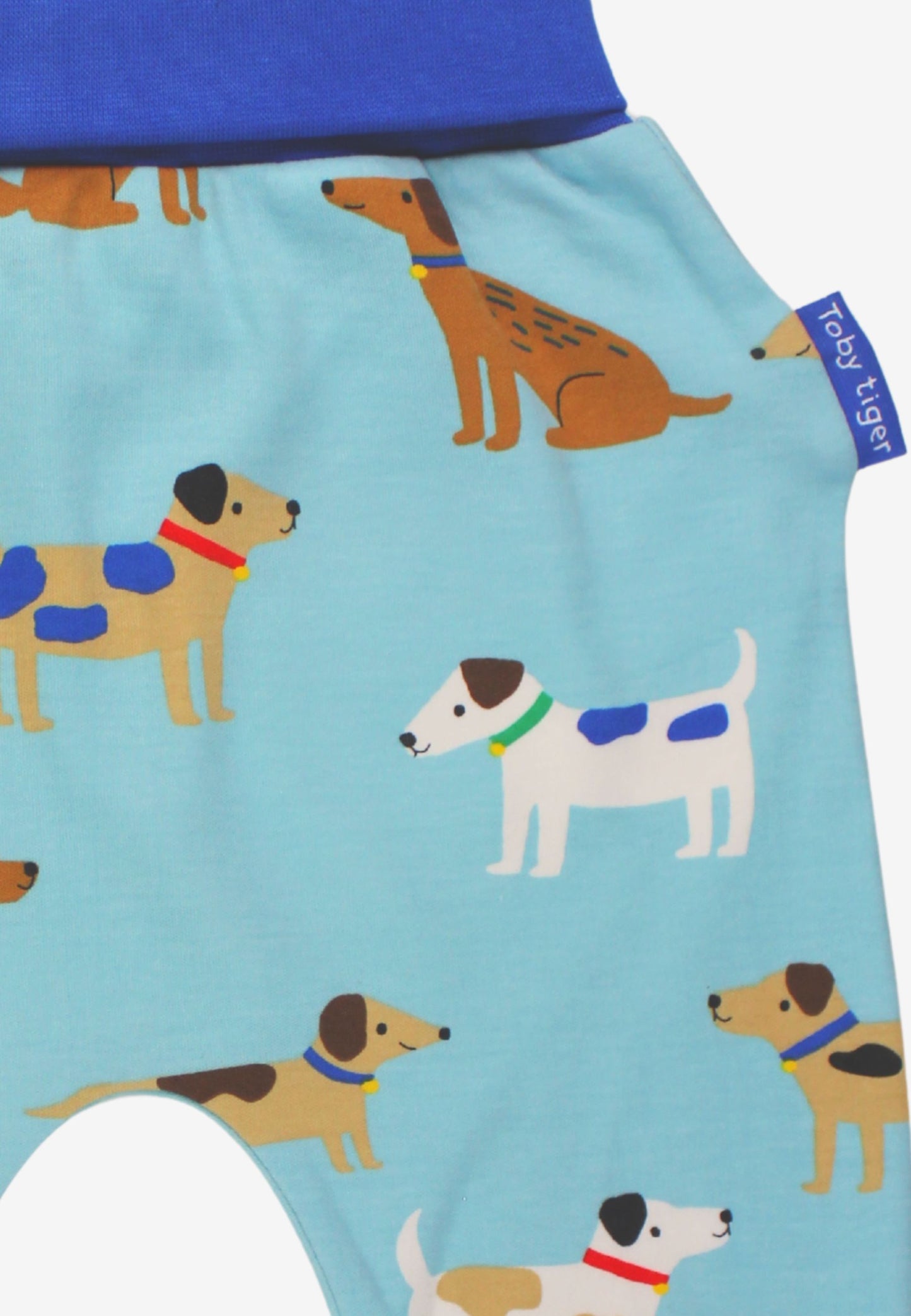 Close-up of a pair of baby pants or shorts in light blue with an all-over dog print, featuring a solid royal blue waistband and a small side tag reading 'baby light'.