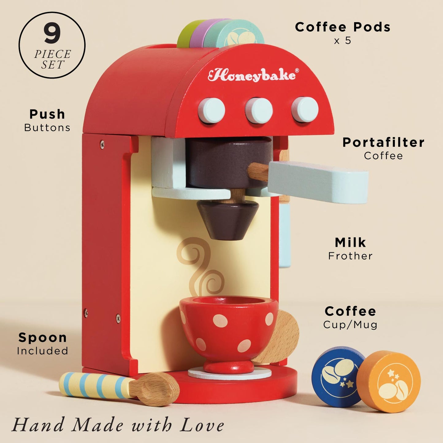 Wooden Toy Coffee Machine & Pods - Toby Tiger UK