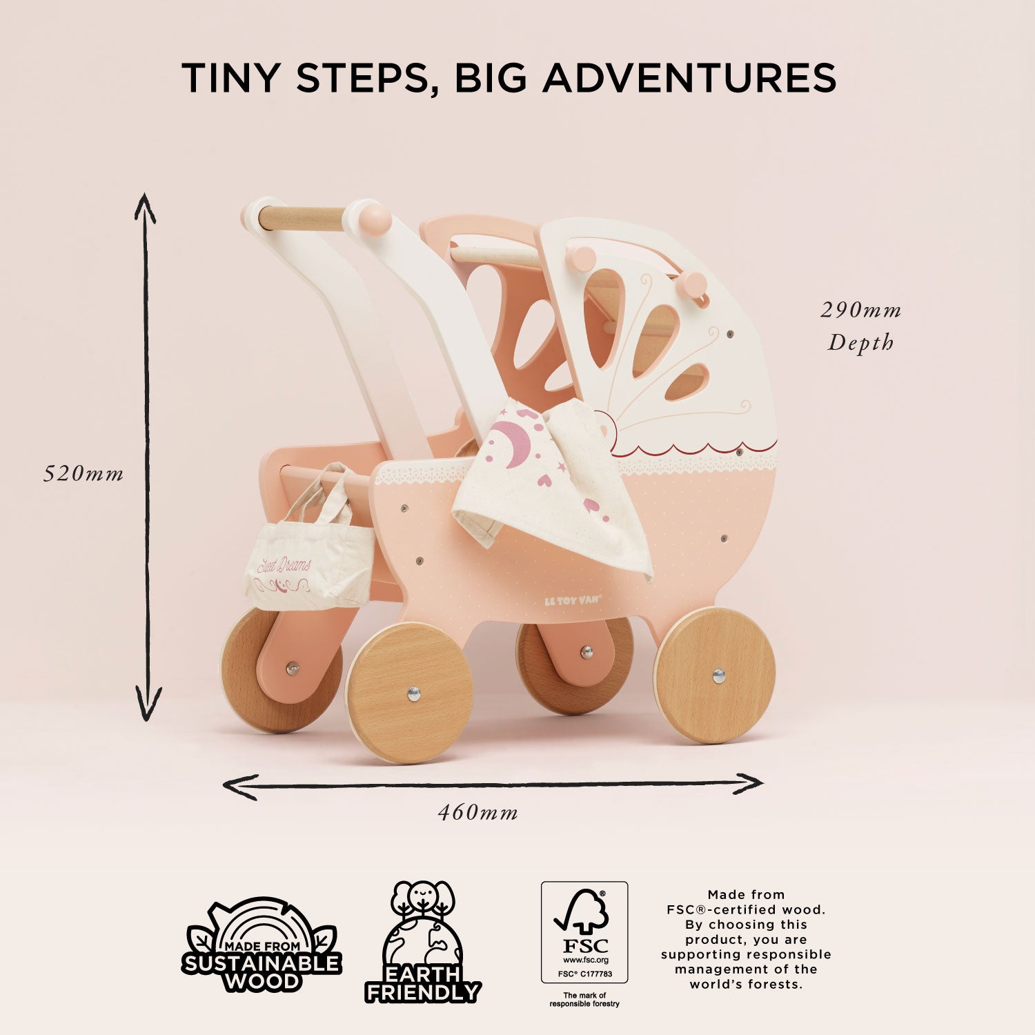 Retro Wooden Doll Pram - Toby Tiger