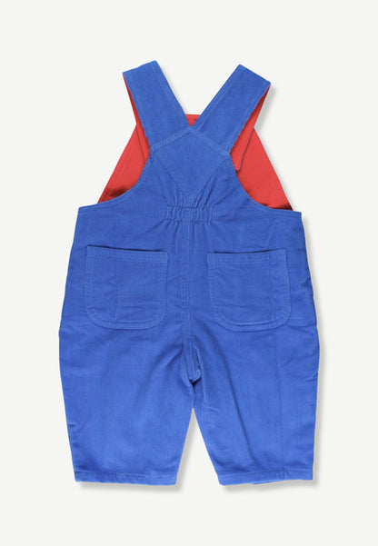 A pair of blue corduroy baby overalls shown from the back, featuring a red inner lining and two front patch pockets, laid flat on a light cream background.