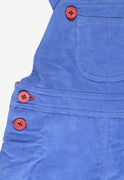 Close-up of a blue corduroy garment, likely a romper or shorts, featuring red buttons and a front pocket on a white background.