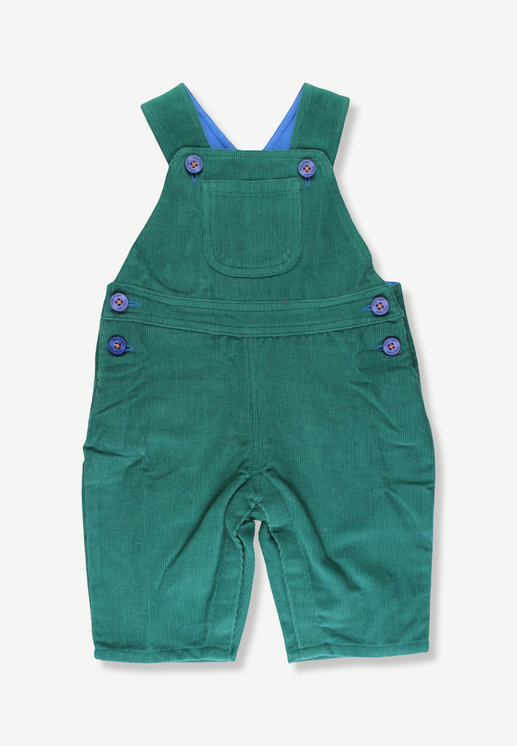A pair of green corduroy baby overalls with purple buttons, displayed flat against a light off-white background.