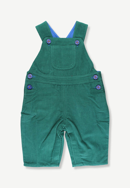 A pair of green corduroy baby overalls with purple buttons, displayed flat against a light off-white background.
