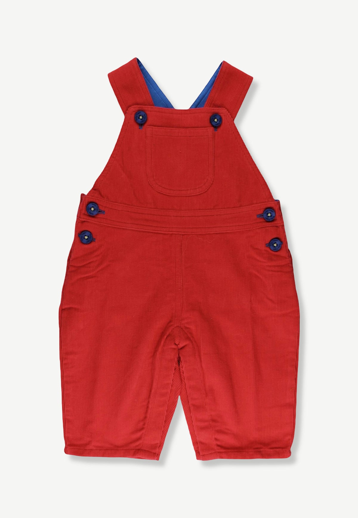 A red corduroy baby overall romper with blue buttons and a blue inner lining, shown flat on a light gray background.