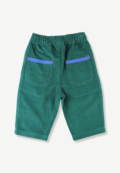 Green corduroy shorts with an elastic waistband and two back pockets featuring a contrasting purple stripe detail, shown from the back on a light gray background.
