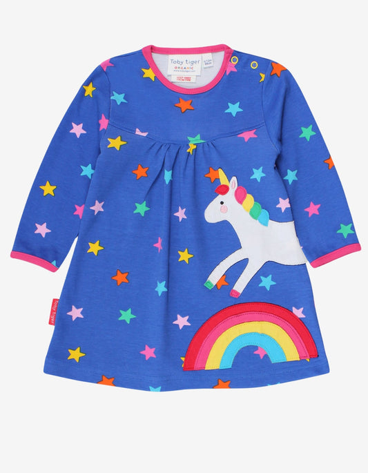 Organic Rainbow Unicorn Applique T-Shirt Dress - Toby Tiger