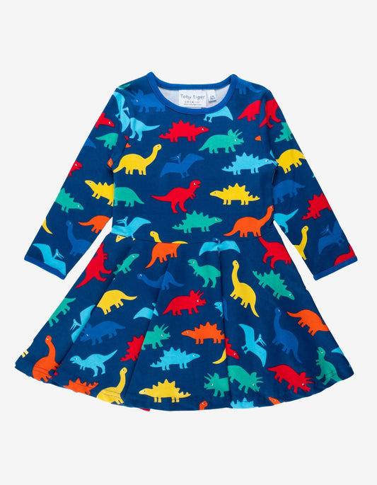 Organic Rainbow Dinosaur Print Skater Dress - Toby Tiger