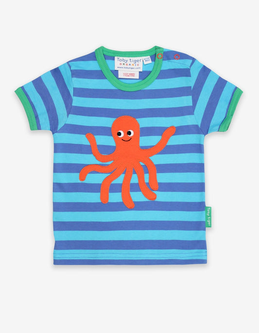 Organic Octopus Applique Light Blue Striped T-Shirt - Toby Tiger