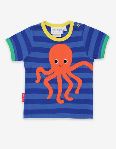 Organic Octopus Applique Dark Blue Striped T-Shirt - Toby Tiger
