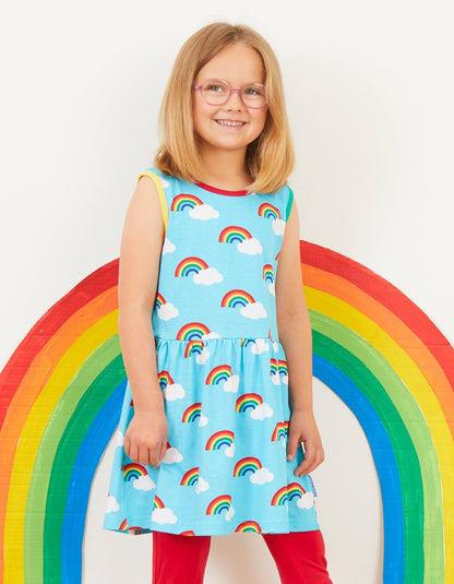 Organic Turquoise Rainbow Print Summer Dress - Toby Tiger